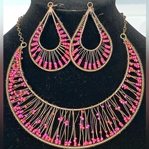 Boho Pink Beaded Statement Necklace & Earring Set